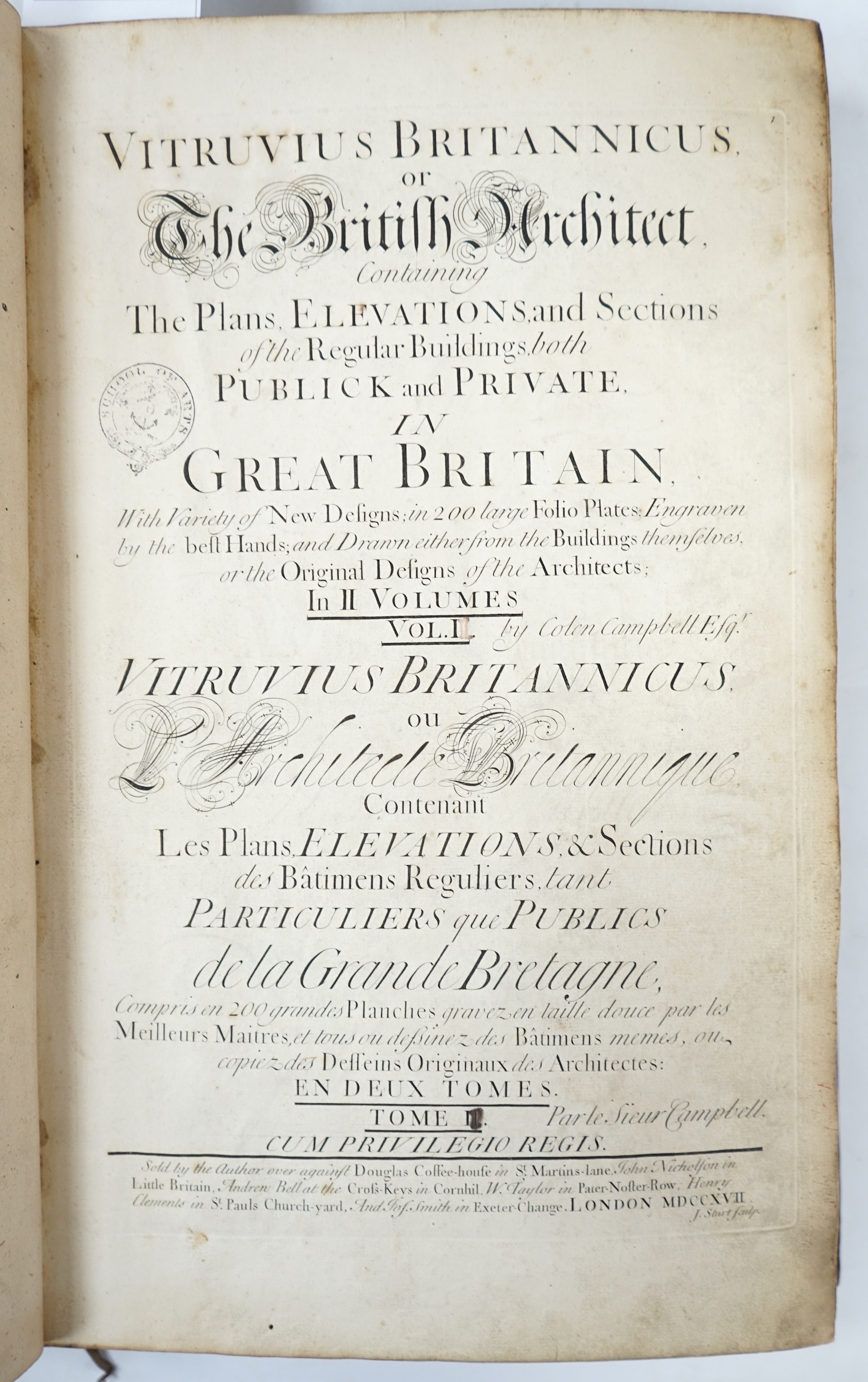 Campbell, Colen - Vitruvius Britannicus, or The British Architect, containing the Plans, Elevations and Sections of the Regular Buildings both Public and Private, vols 1 & 2 only, bound in 1, folio, calf rebacked, with e